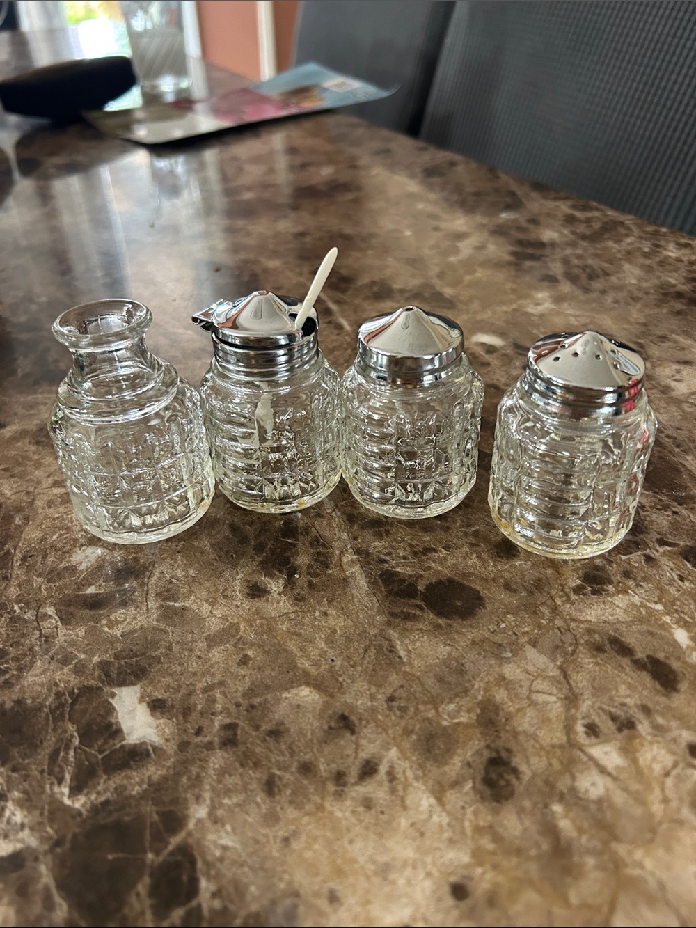 Clear Glass Condiment Set with Silver Lids